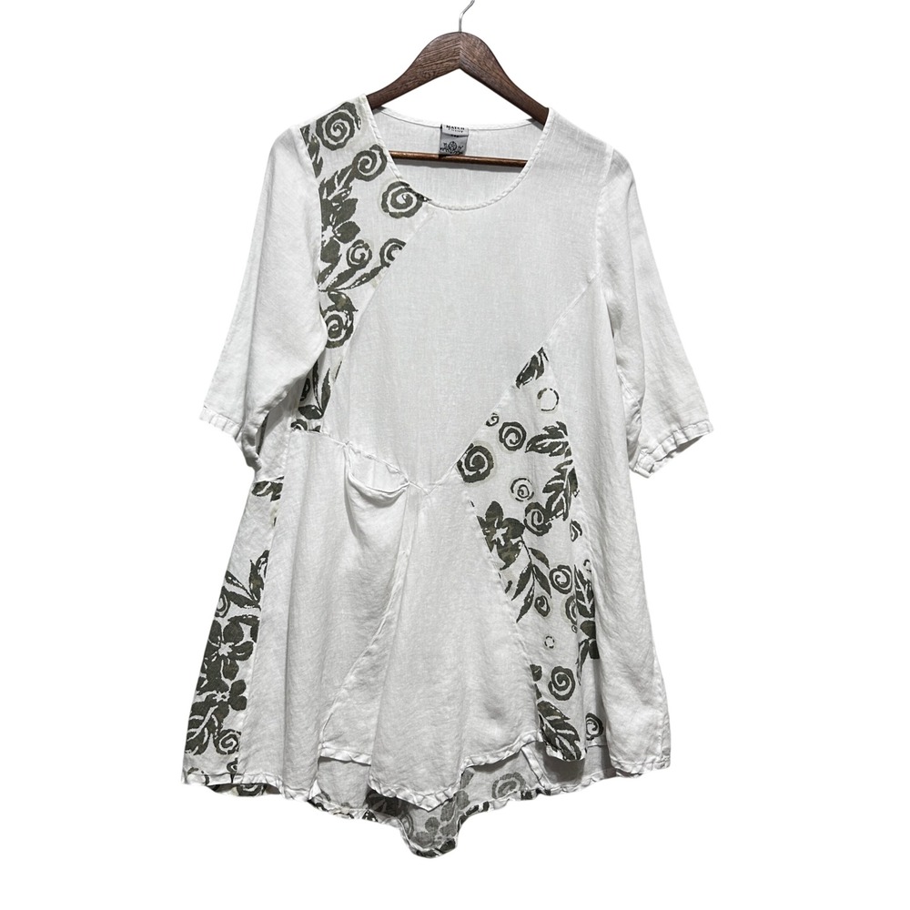 VTG Match Point Women Linen Artwear Dress S White Smokey Gray Lagenlook Asym Hem